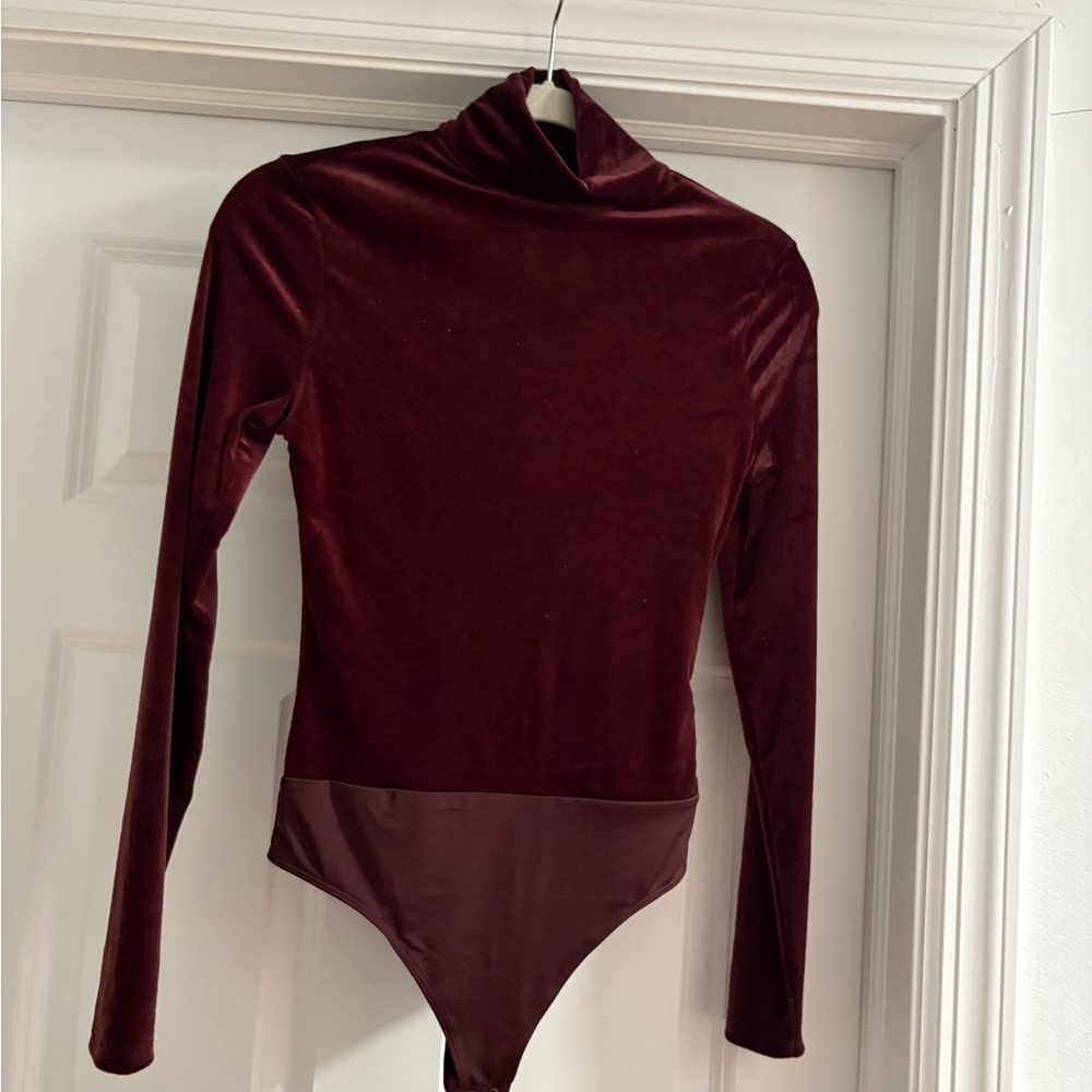 Express Women's Burgundy Velvet Long-Sleeve Turtleneck Bodysuit